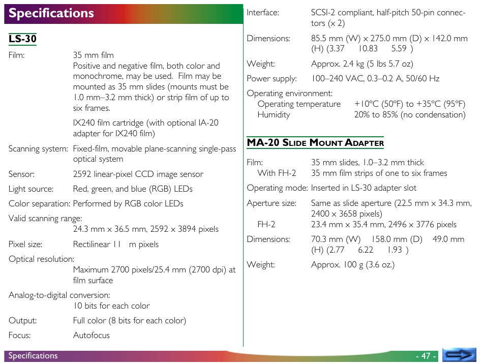 Specifications | Nikon LS-30 - Coolscan III User Manual | Page 47 / 49