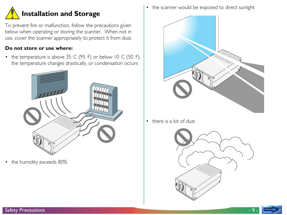 Installation and storage | Nikon LS-30 - Coolscan III User Manual | Page 9 / 49