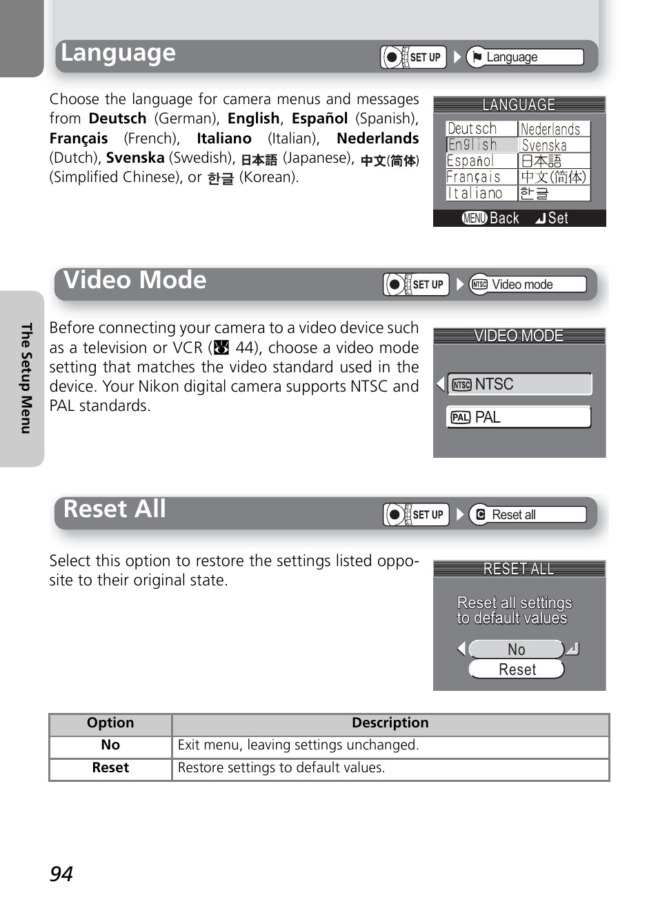 Language, Video mode, Reset all | Nikon 2200 - 3200 - 4100 User Manual | Page 104 / 120