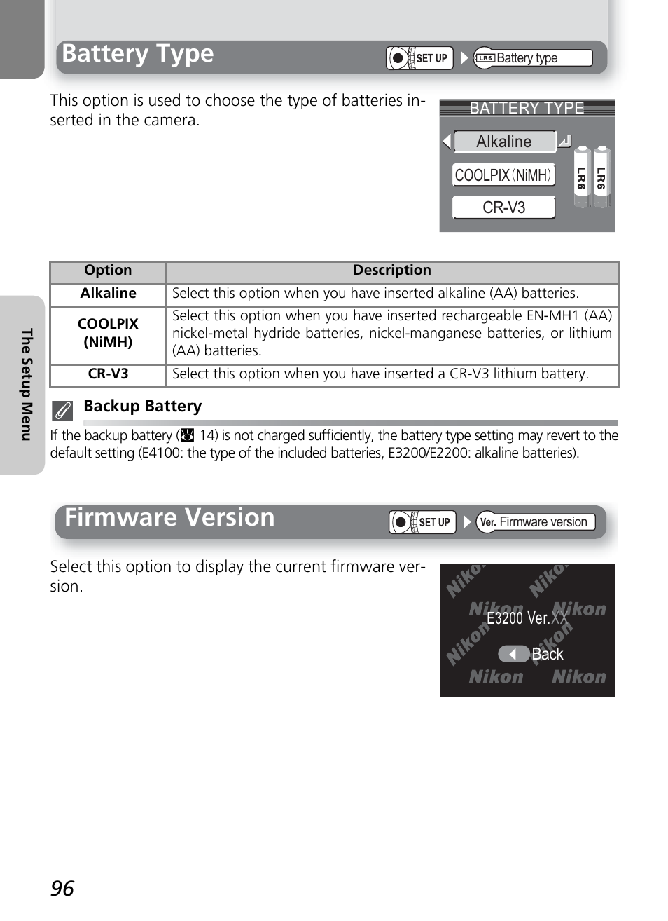 Battery type, Firmware version | Nikon 2200 - 3200 - 4100 User Manual | Page 106 / 120