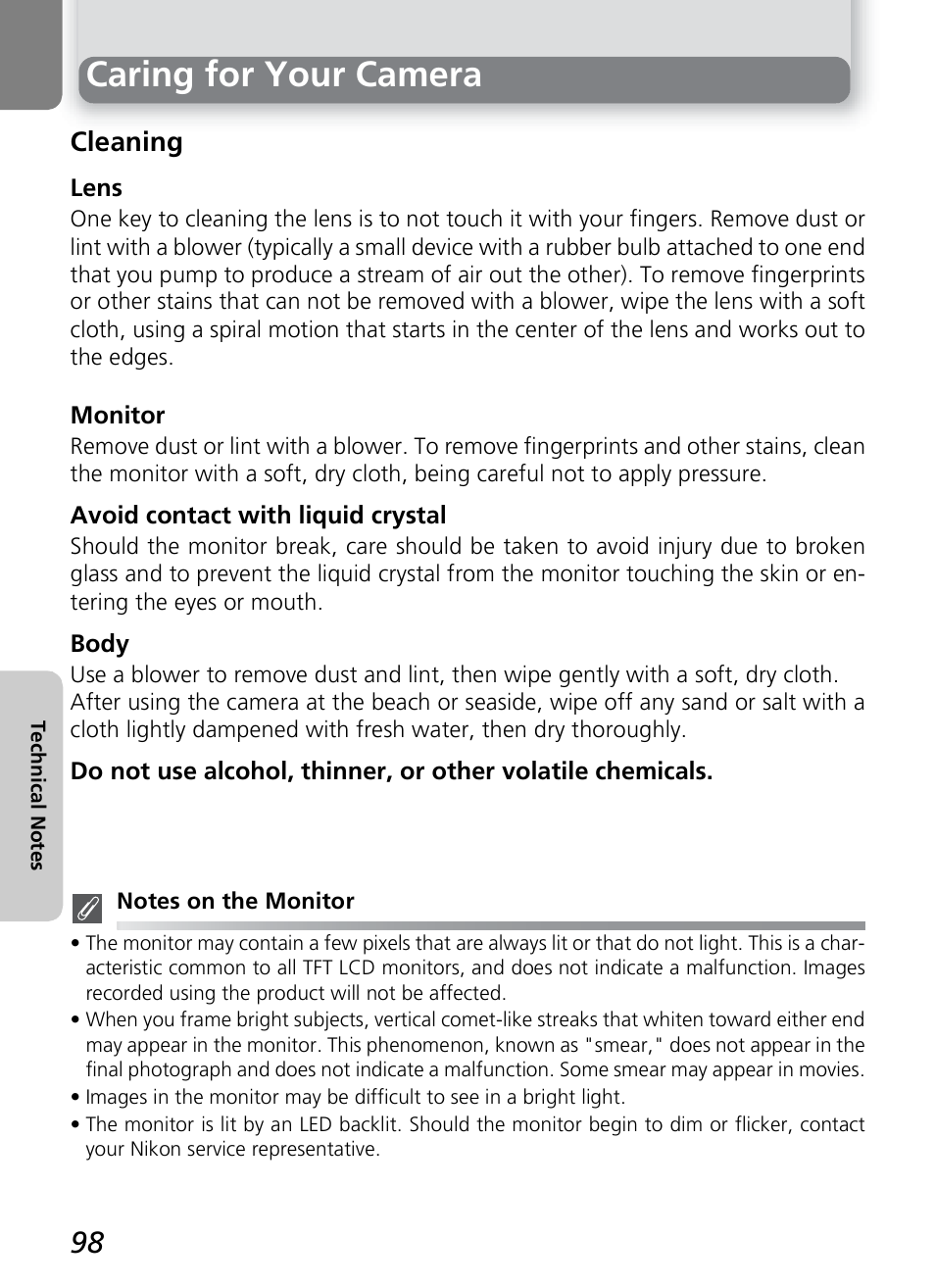 Caring for your camera, Cleaning | Nikon 2200 - 3200 - 4100 User Manual | Page 108 / 120