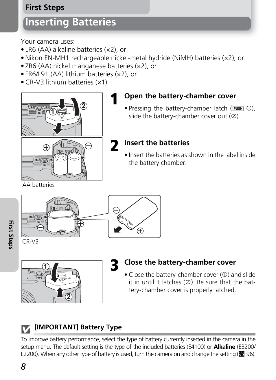 Inserting batteries | Nikon 2200 - 3200 - 4100 User Manual | Page 18 / 120