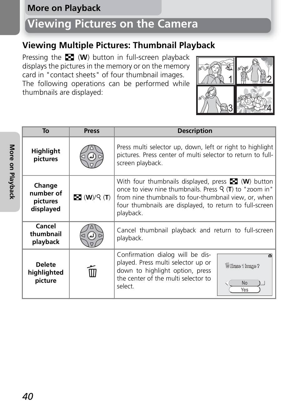 Viewing pictures on the camera, More on playback, Viewing multiple pictures: thumbnail playback | Nikon 2200 - 3200 - 4100 User Manual | Page 50 / 120