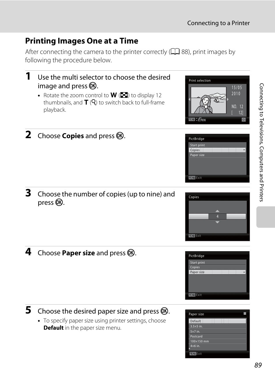 Printing images one at a time, Ime(a 89), Choose copies and press k | Choose paper size and press k, Choose the desired paper size and press k | Nikon Coolpix L110 User Manual | Page 101 / 156