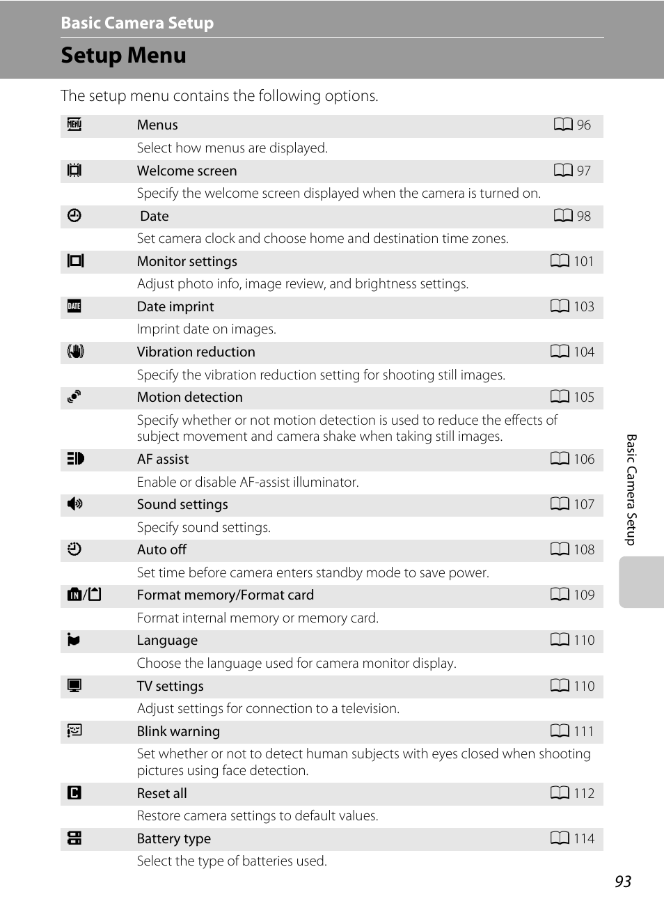 Basic camera setup, Setup menu, A 93) to | Menu (a 93), A 93) and, A 93) | Nikon Coolpix L110 User Manual | Page 105 / 156