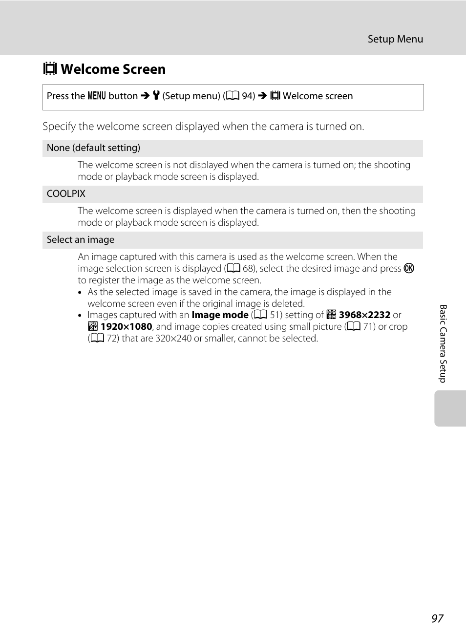 Welcome screen, C welcome screen, A 97) | A 97, Cwelcome screen | Nikon Coolpix L110 User Manual | Page 109 / 156