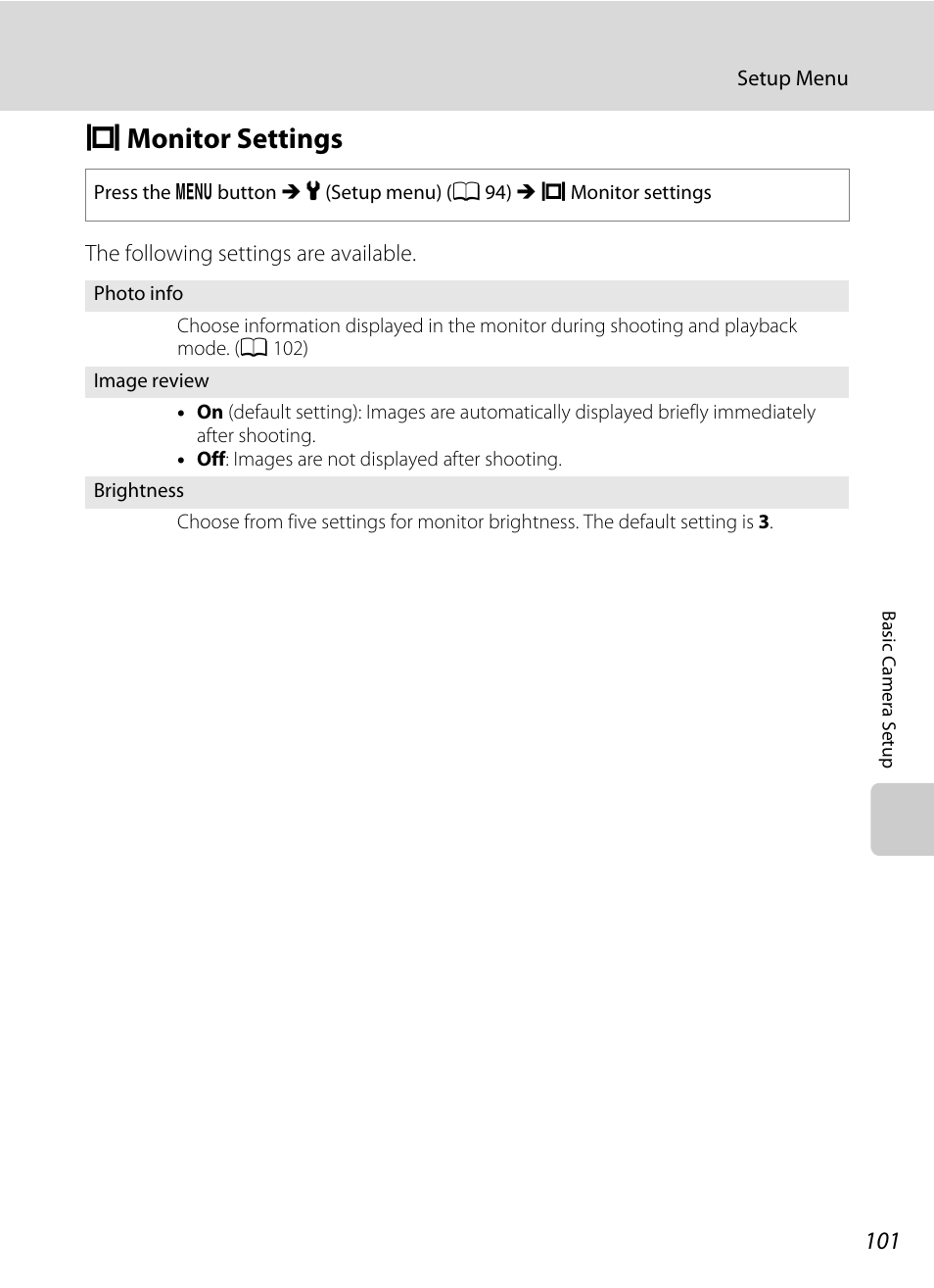 Monitor settings, E monitor settings, A 101) | A 101, Emonitor settings | Nikon Coolpix L110 User Manual | Page 113 / 156