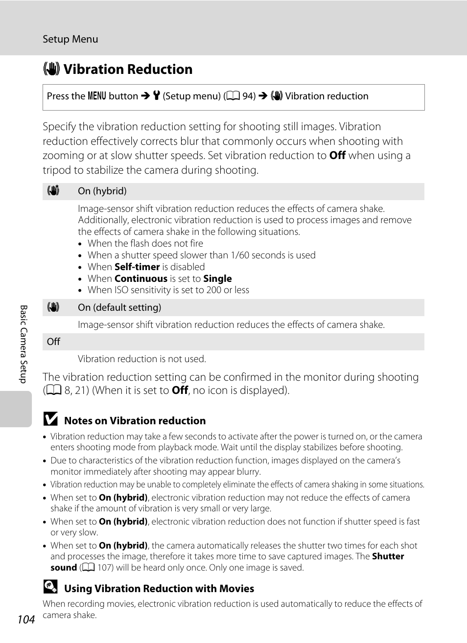 Vibration reduction, G vibration reduction, A 104) | A 104) to, A 104) setting and hold the, A 104, Gvibration reduction | Nikon Coolpix L110 User Manual | Page 116 / 156
