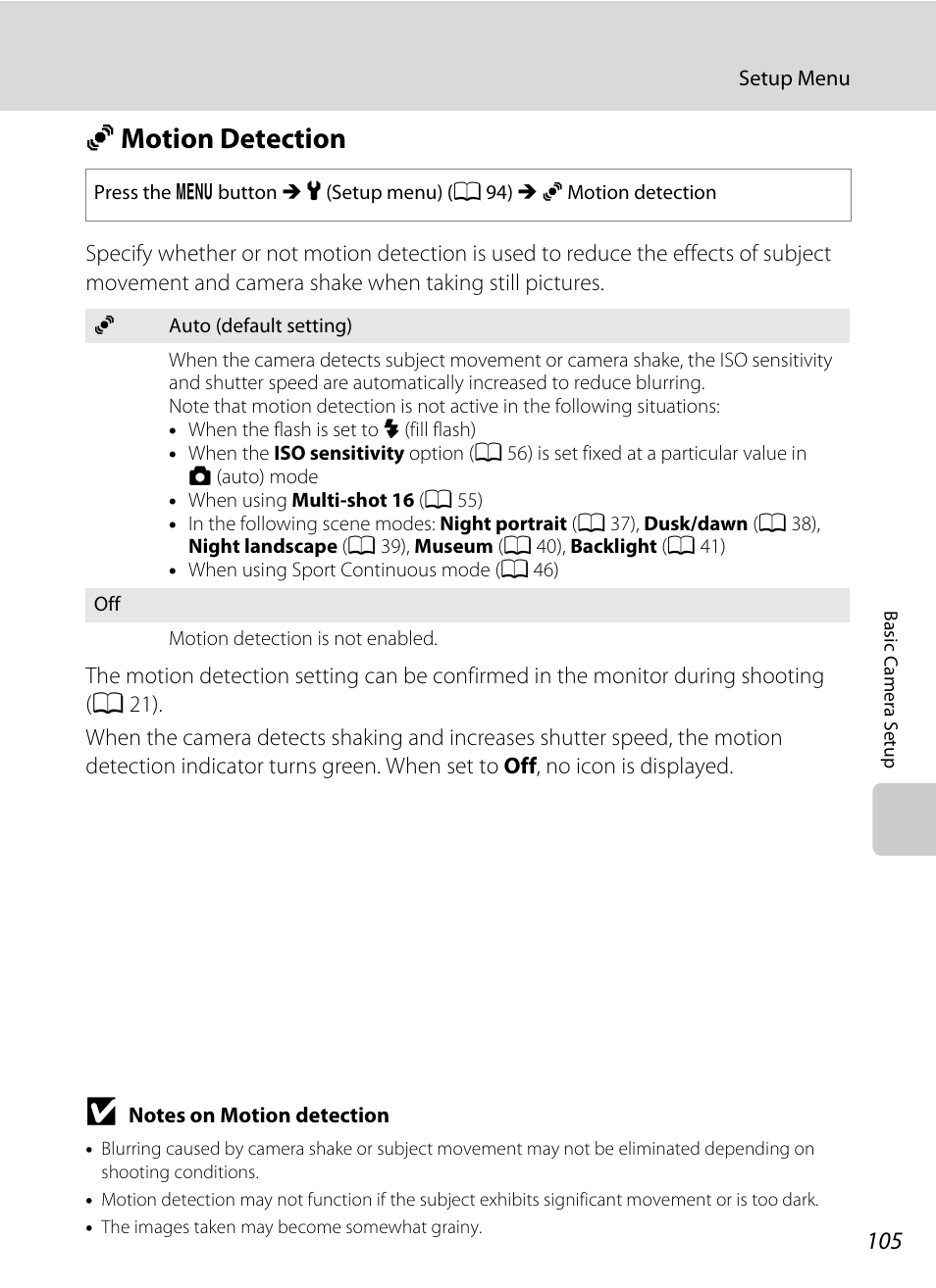 Motion detection, U motion detection, A 105) in | A 105) does not function, A 105, Umotion detection | Nikon Coolpix L110 User Manual | Page 117 / 156