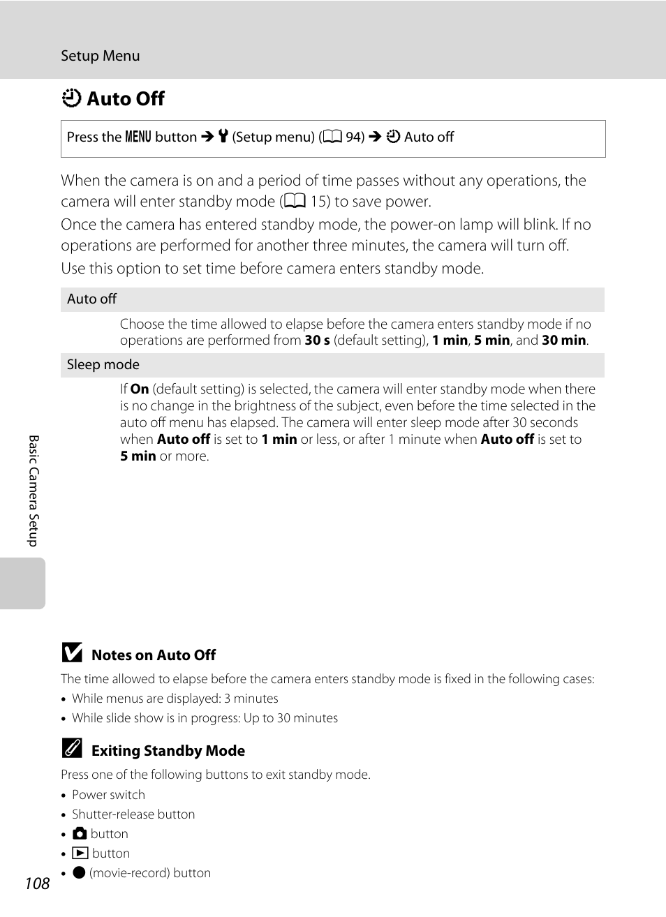 Auto off, K auto off, A 108) in | A 108): po, A 108), A 108) duri, A 108) wil, A 108, Kauto off | Nikon Coolpix L110 User Manual | Page 120 / 156