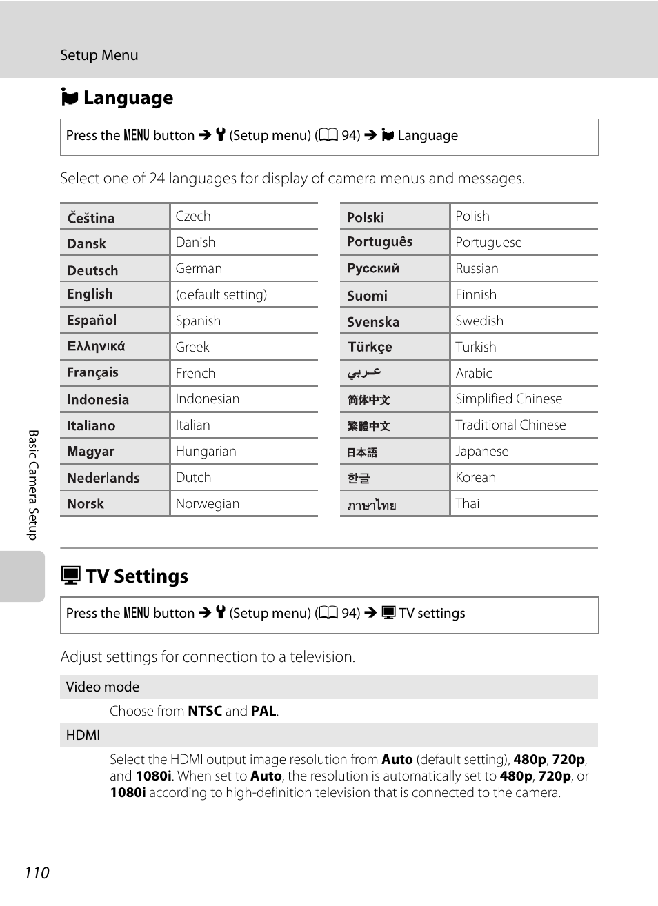 Language, Tv settings, N language h tv settings | A 110), A 110, Nlanguage, Htv settings | Nikon Coolpix L110 User Manual | Page 122 / 156