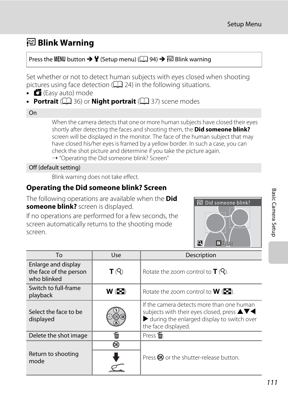 Blink warning, D blink warning, A 111) i | A 111, Dblink warning, Operating the did someone blink? screen | Nikon Coolpix L110 User Manual | Page 123 / 156