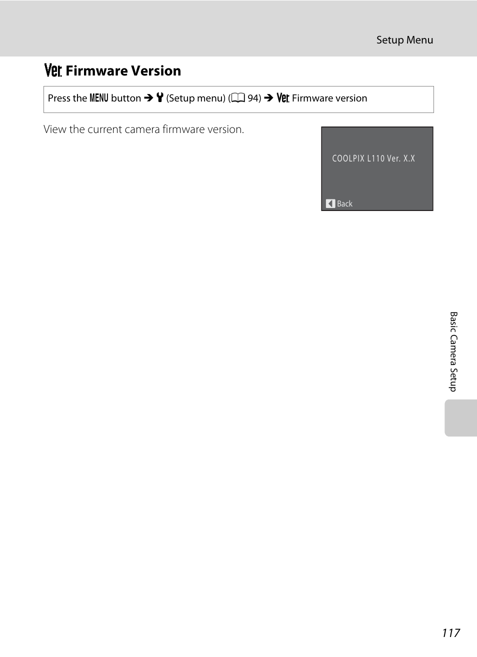 Firmware version, R firmware version, A 117 | Rfirmware version | Nikon Coolpix L110 User Manual | Page 129 / 156