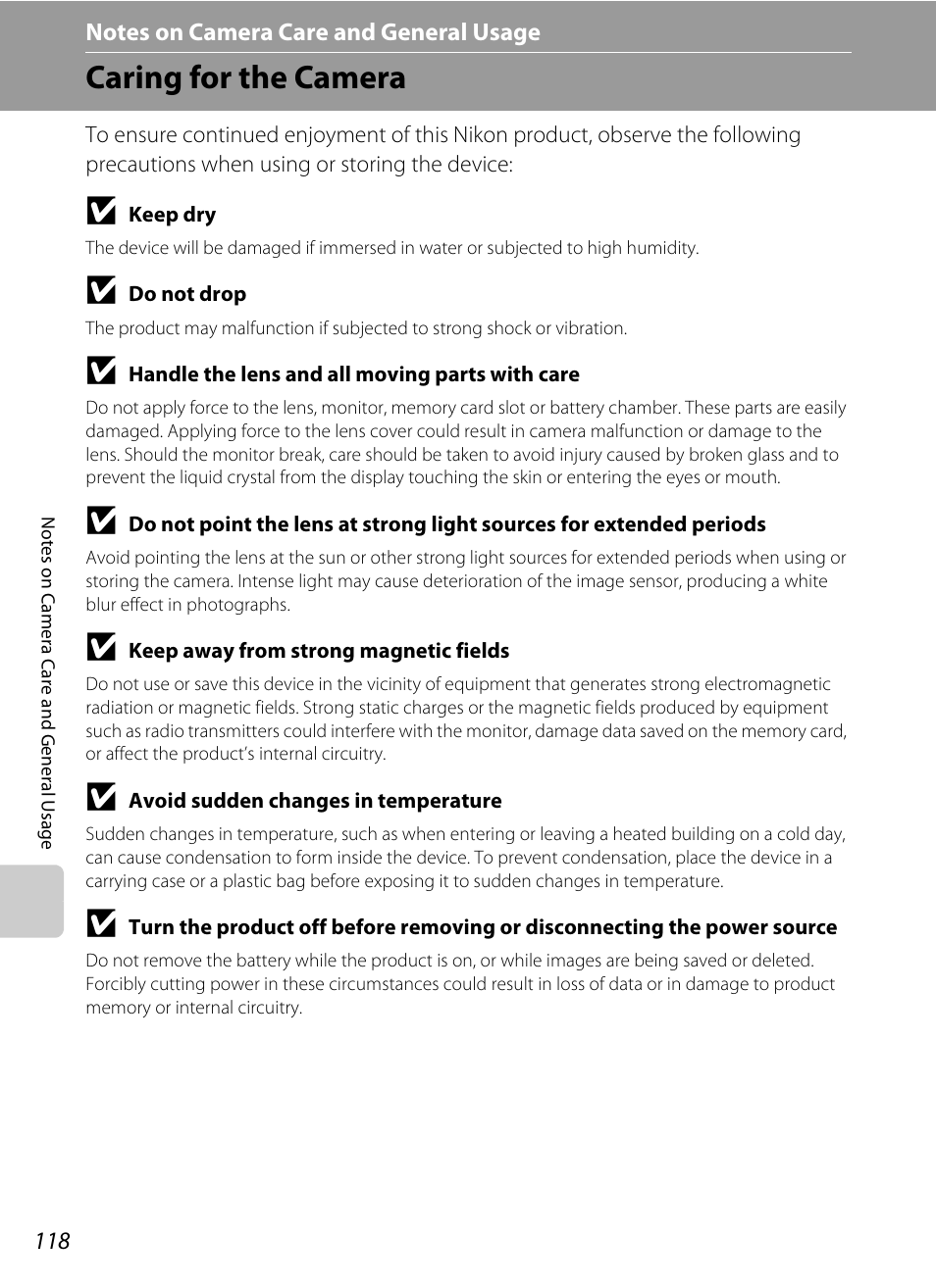 Notes on camera care and general usage, Caring for the camera | Nikon Coolpix L110 User Manual | Page 130 / 156