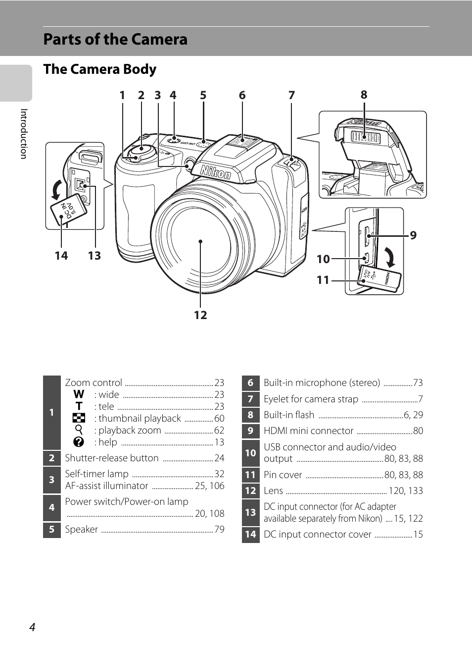 Parts of the camera, The camera body | Nikon Coolpix L110 User Manual | Page 16 / 156