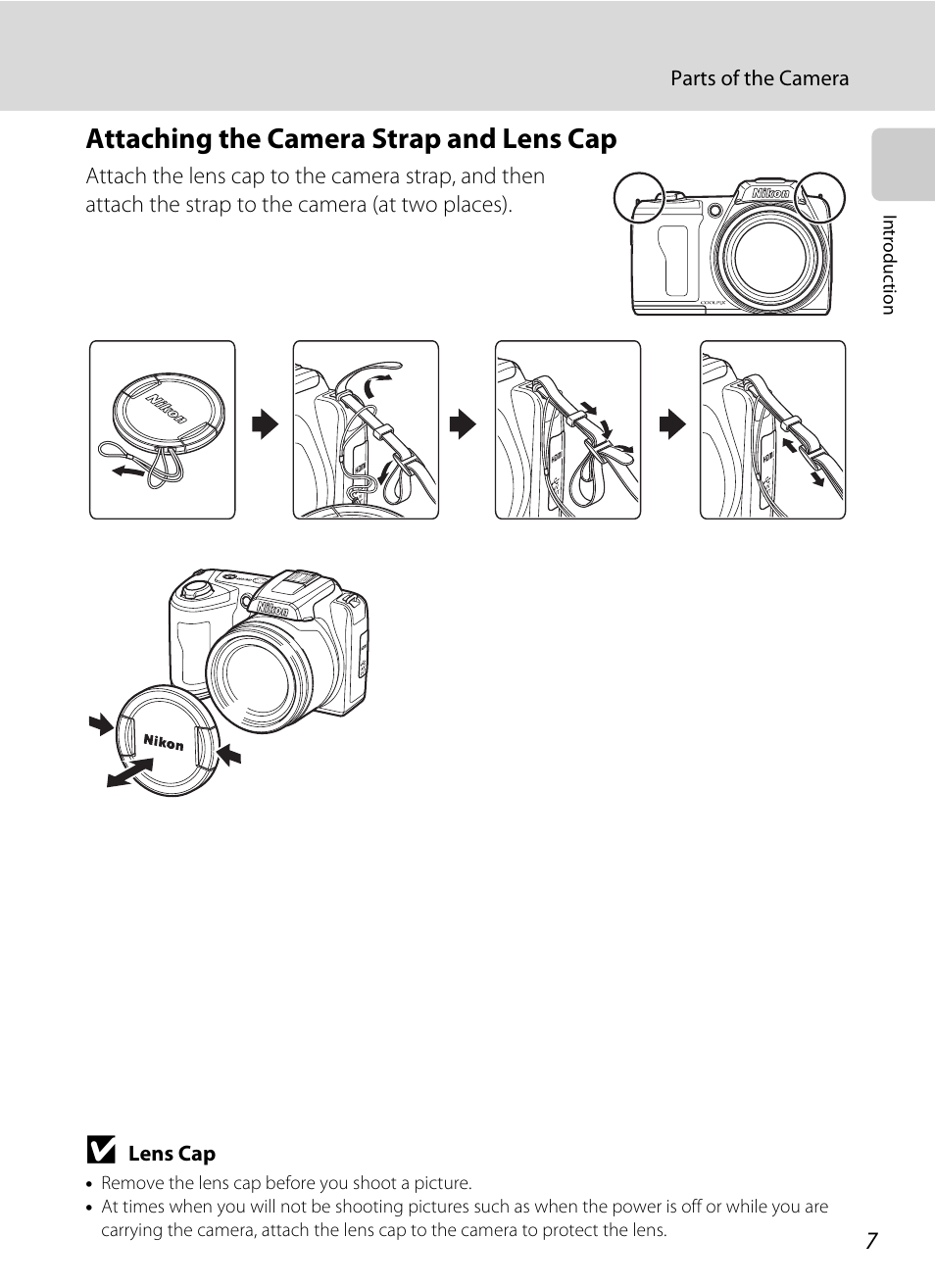 Attaching the camera strap and lens cap | Nikon Coolpix L110 User Manual | Page 19 / 156