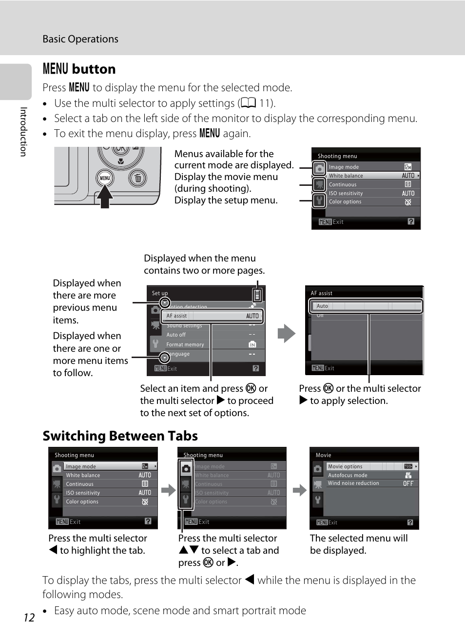 Menu button, Switching between tabs, D button switching between tabs | Dbutton, Basic operations | Nikon Coolpix L110 User Manual | Page 24 / 156