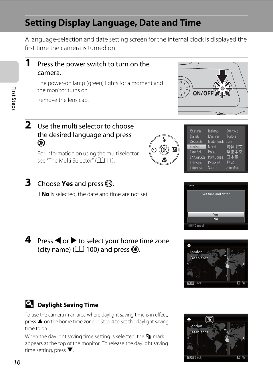 Setting display language, date and time | Nikon Coolpix L110 User Manual | Page 28 / 156