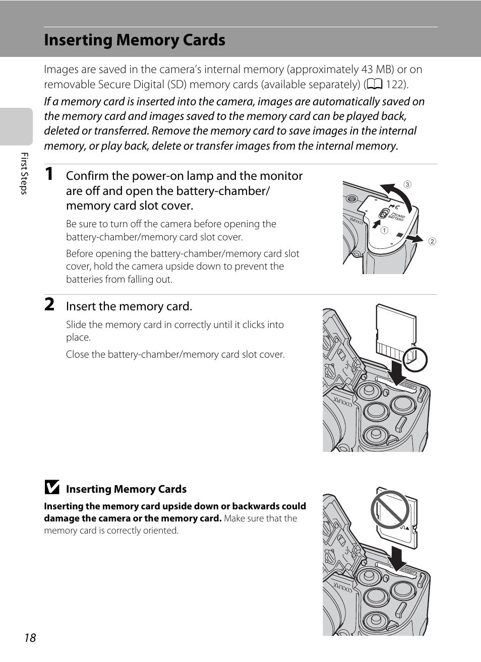 Inserting memory cards | Nikon Coolpix L110 User Manual | Page 30 / 156