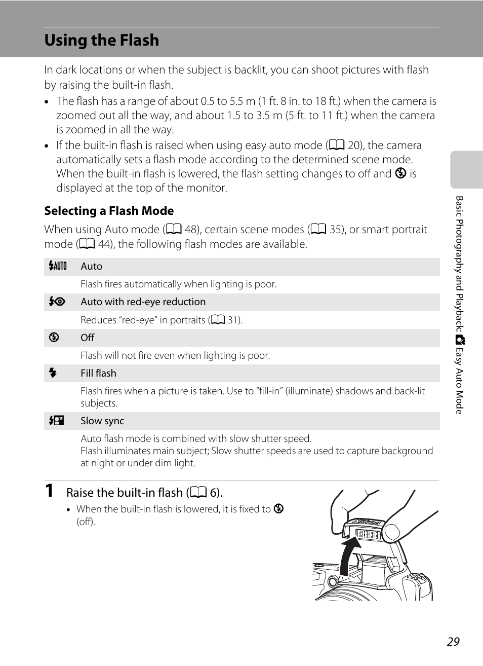 Using the flash, A 29), A 29 | Nikon Coolpix L110 User Manual | Page 41 / 156