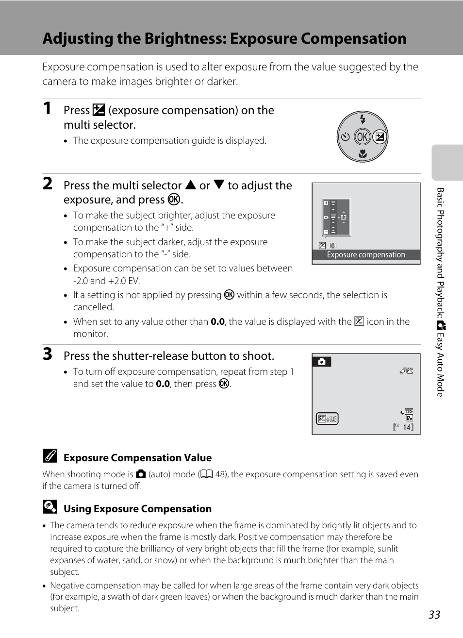 Adjusting the brightness: exposure compensation, A 33, A 33) are | Nikon Coolpix L110 User Manual | Page 45 / 156