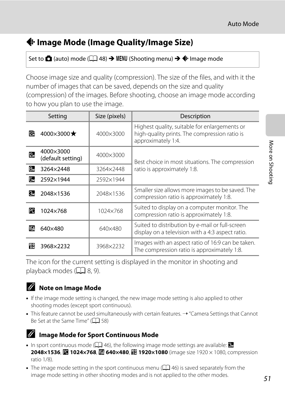 Image mode (image quality/image size), A image mode (image quality/image size), A 51) | A 51, A 51) can be ch, Aimage mode (image quality/image size) | Nikon Coolpix L110 User Manual | Page 63 / 156