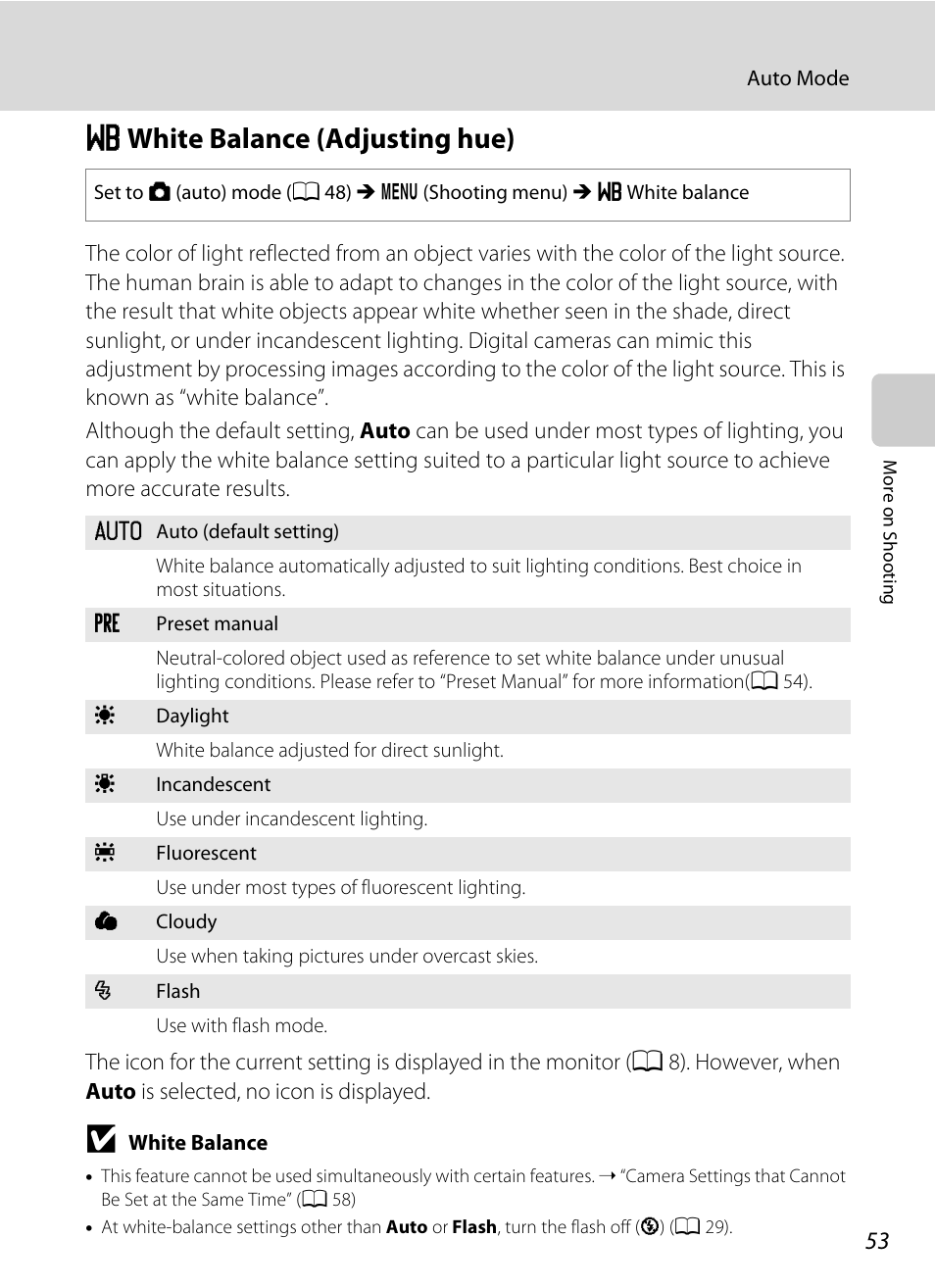 White balance (adjusting hue), B white balance (adjusting hue), A 53 | Bwhite balance (adjusting hue) | Nikon Coolpix L110 User Manual | Page 65 / 156