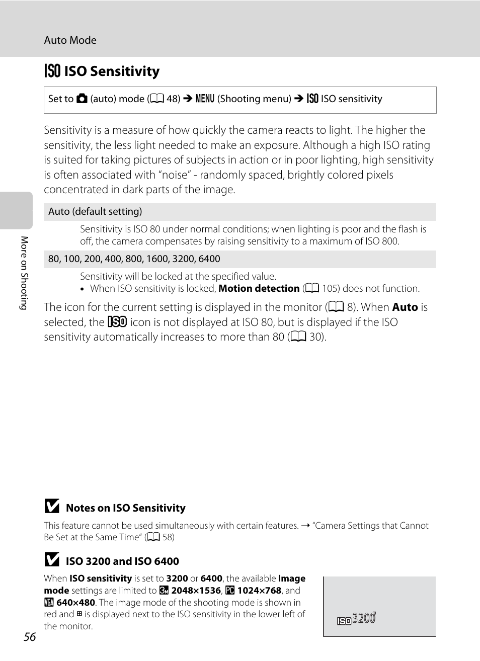 Iso sensitivity, E iso sensitivity, A 56 | Eiso sensitivity | Nikon Coolpix L110 User Manual | Page 68 / 156