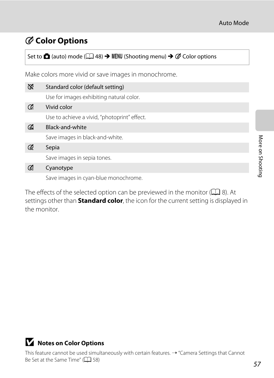 Color options, F color options, A 57 | Fcolor options | Nikon Coolpix L110 User Manual | Page 69 / 156