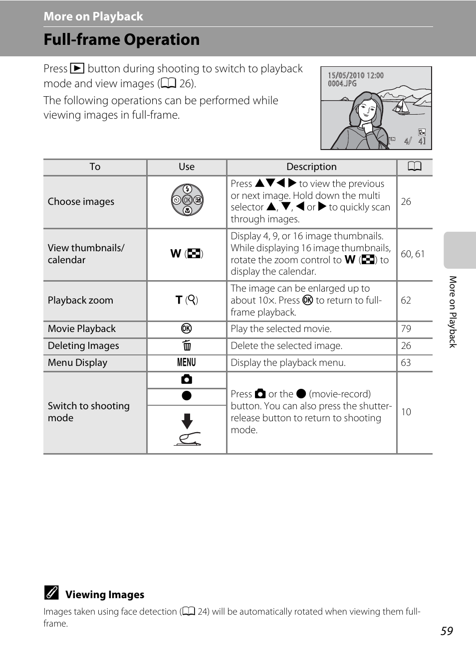 More on playback, Full-frame operation, Ee “more on playback | A 59) an | Nikon Coolpix L110 User Manual | Page 71 / 156