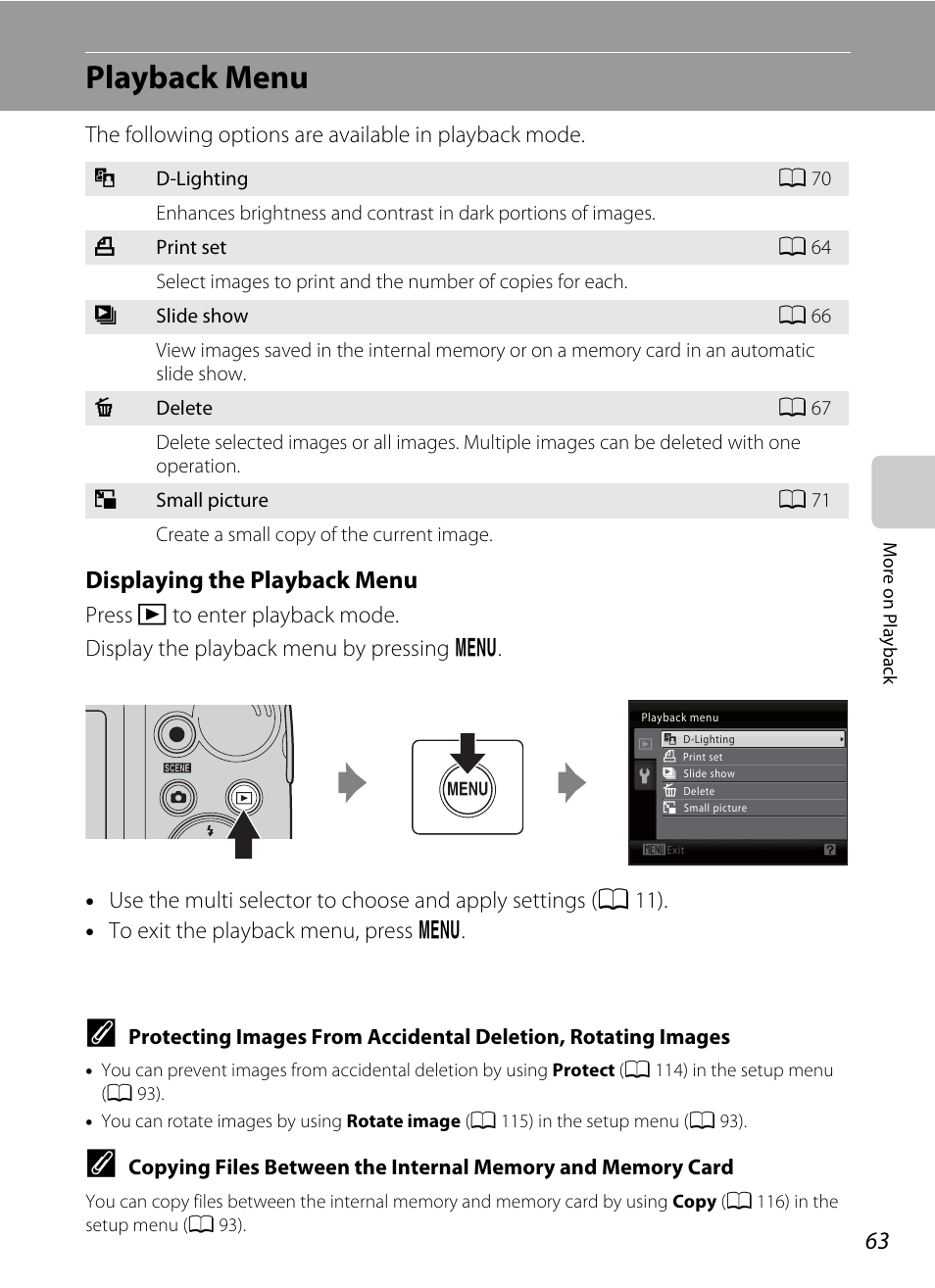 Playback menu, A 63), Displaying the playback menu | Nikon Coolpix L110 User Manual | Page 75 / 156
