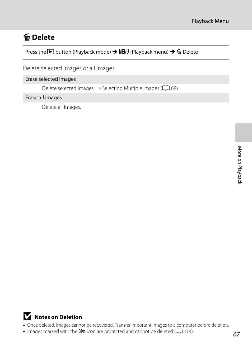 Delete, C delete, A 67) is se | A 67, Cdelete | Nikon Coolpix L110 User Manual | Page 79 / 156