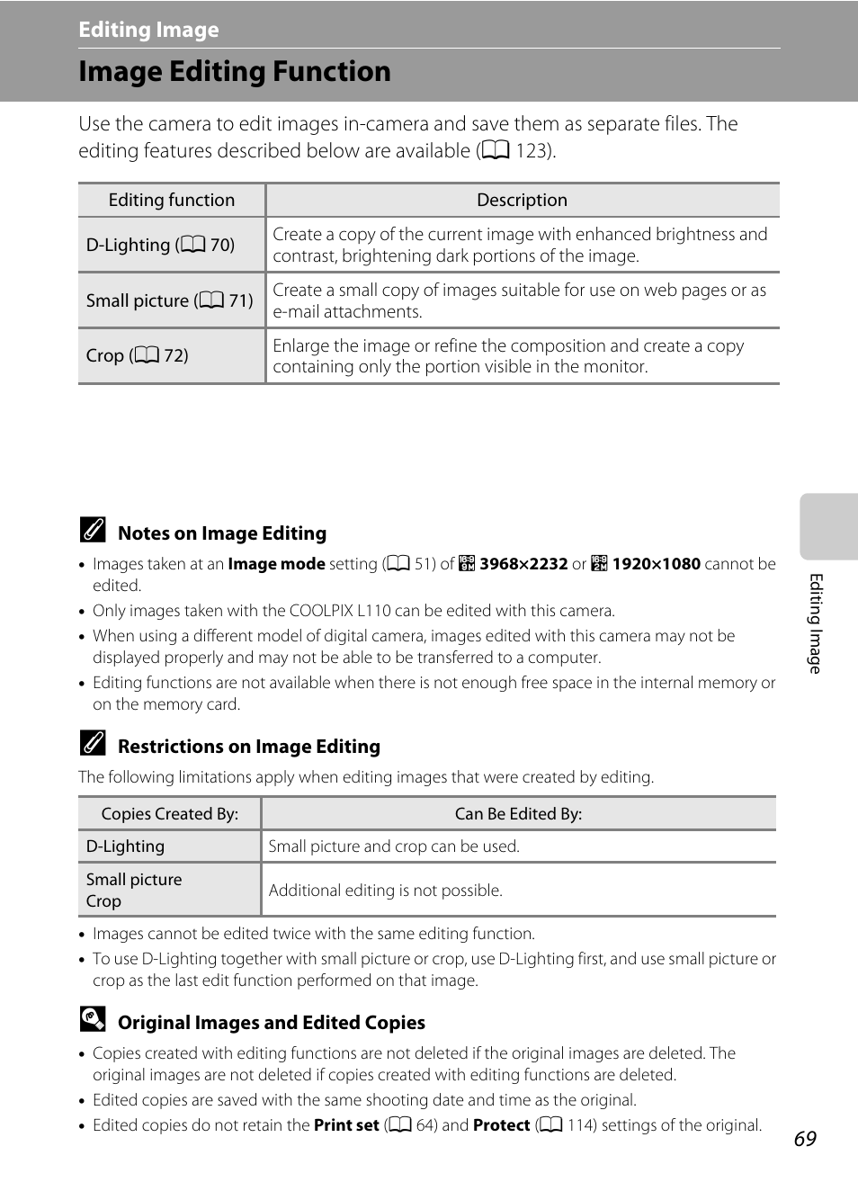Editing image, Image editing function, Editing image” (a 69) for mor | Nikon Coolpix L110 User Manual | Page 81 / 156