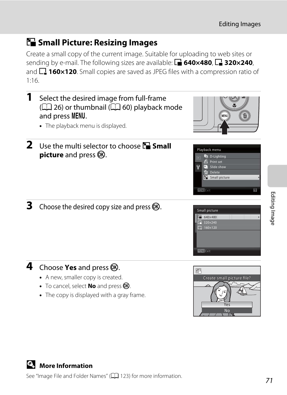 Small picture: resizing images, G small picture: resizing images, A 71 | A 71), Gsmall picture: resizing images, Choose the desired copy size and press k, Choose yes and press k | Nikon Coolpix L110 User Manual | Page 83 / 156