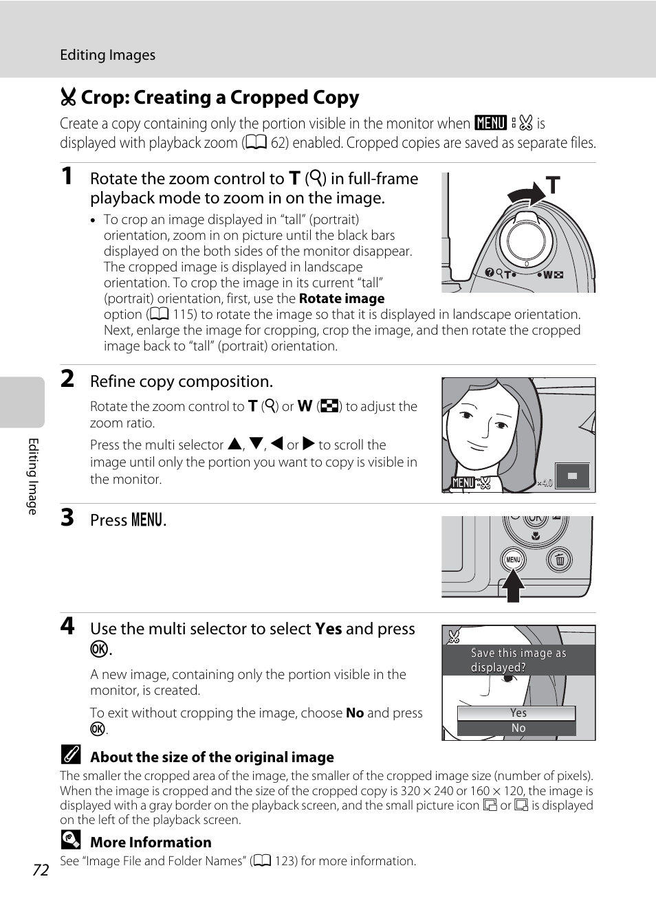 Crop: creating a cropped copy, O crop: creating a cropped copy, A 72) | Ocrop: creating a cropped copy | Nikon Coolpix L110 User Manual | Page 84 / 156