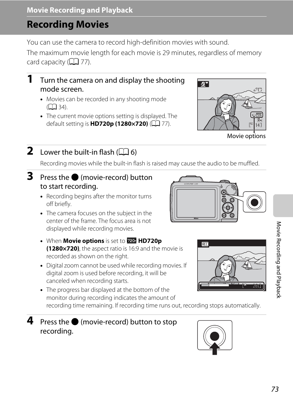 Movie recording and playback, Recording movies, A 73) | Nikon Coolpix L110 User Manual | Page 85 / 156