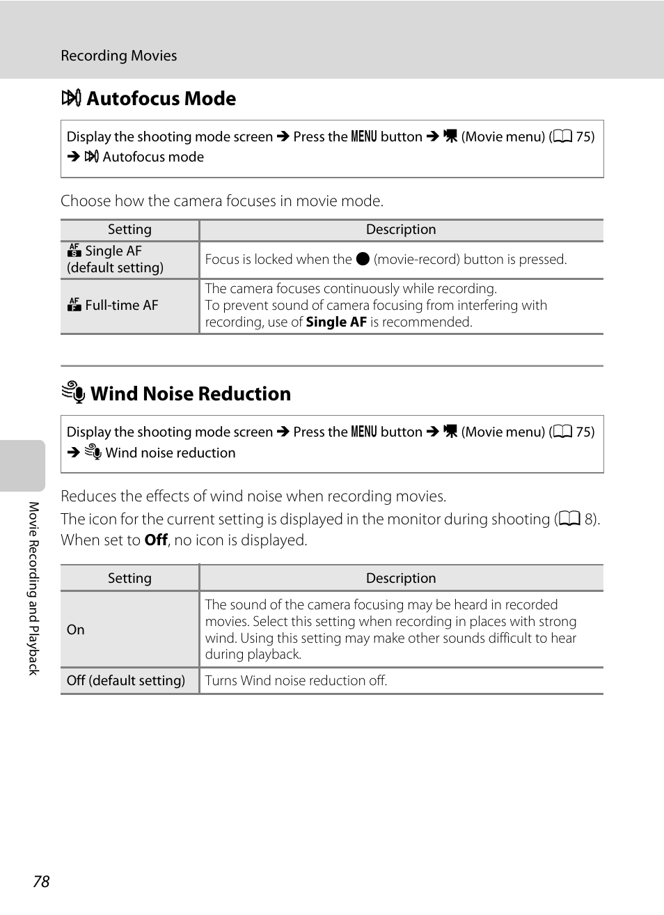 Autofocus mode, Wind noise reduction, I autofocus mode y wind noise reduction | A 78), A 78, Iautofocus mode, Ywind noise reduction | Nikon Coolpix L110 User Manual | Page 90 / 156