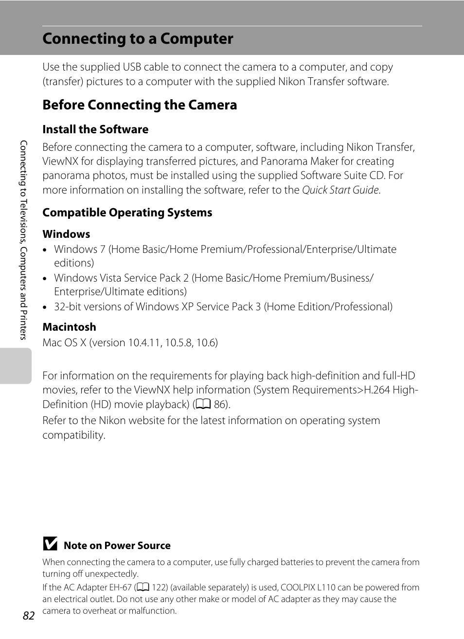 Connecting to a computer, Before connecting the camera, A 82) and use | Install the software, Compatible operating systems | Nikon Coolpix L110 User Manual | Page 94 / 156