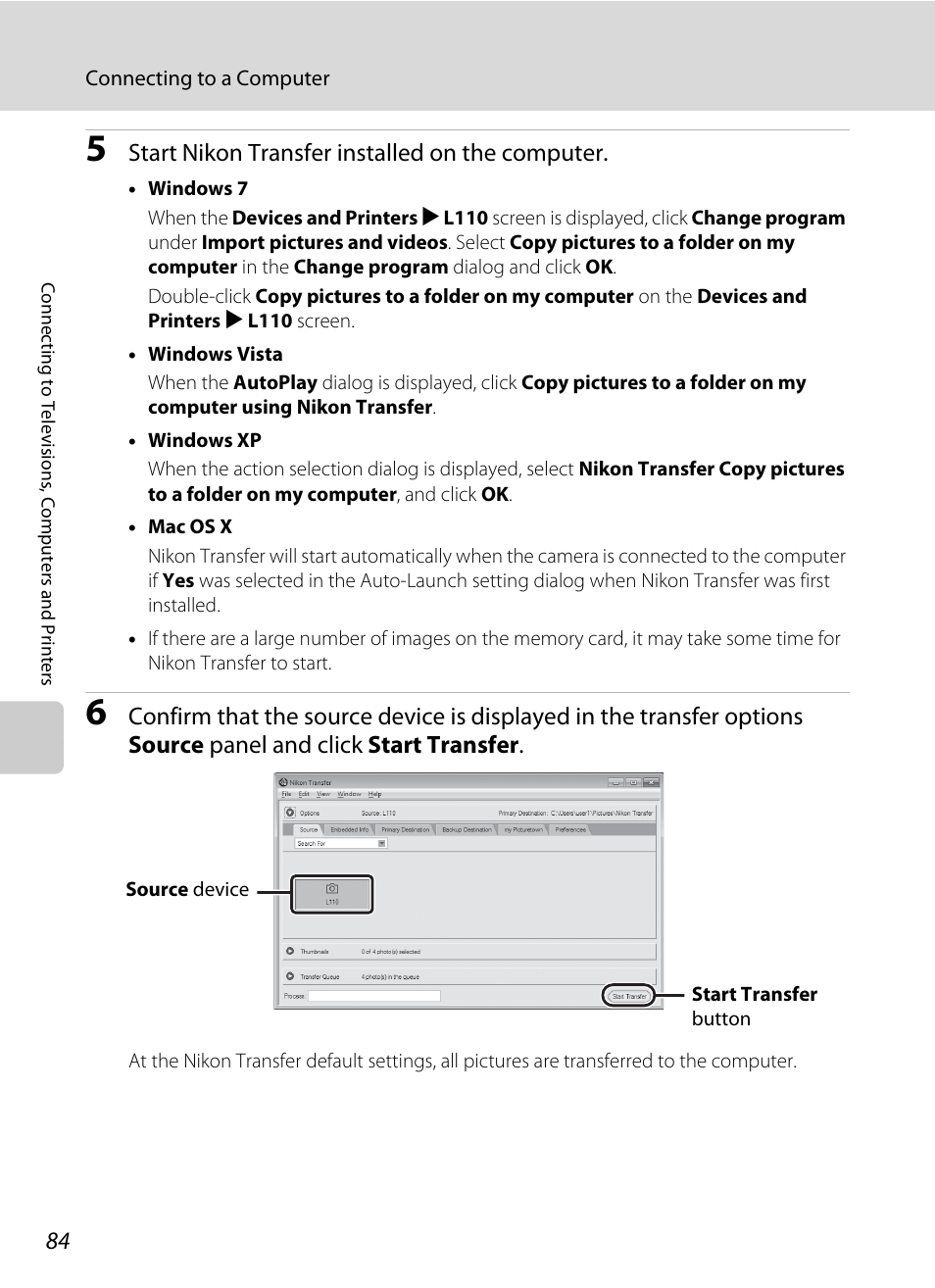 Start nikon transfer installed on the computer | Nikon Coolpix L110 User Manual | Page 96 / 156