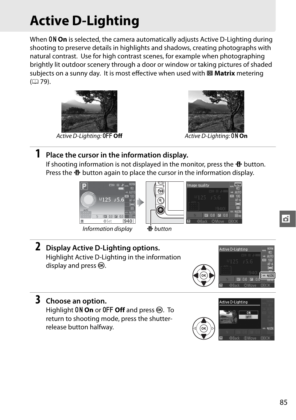 Active d-lighting | Nikon D3100 User Manual | Page 101 / 224