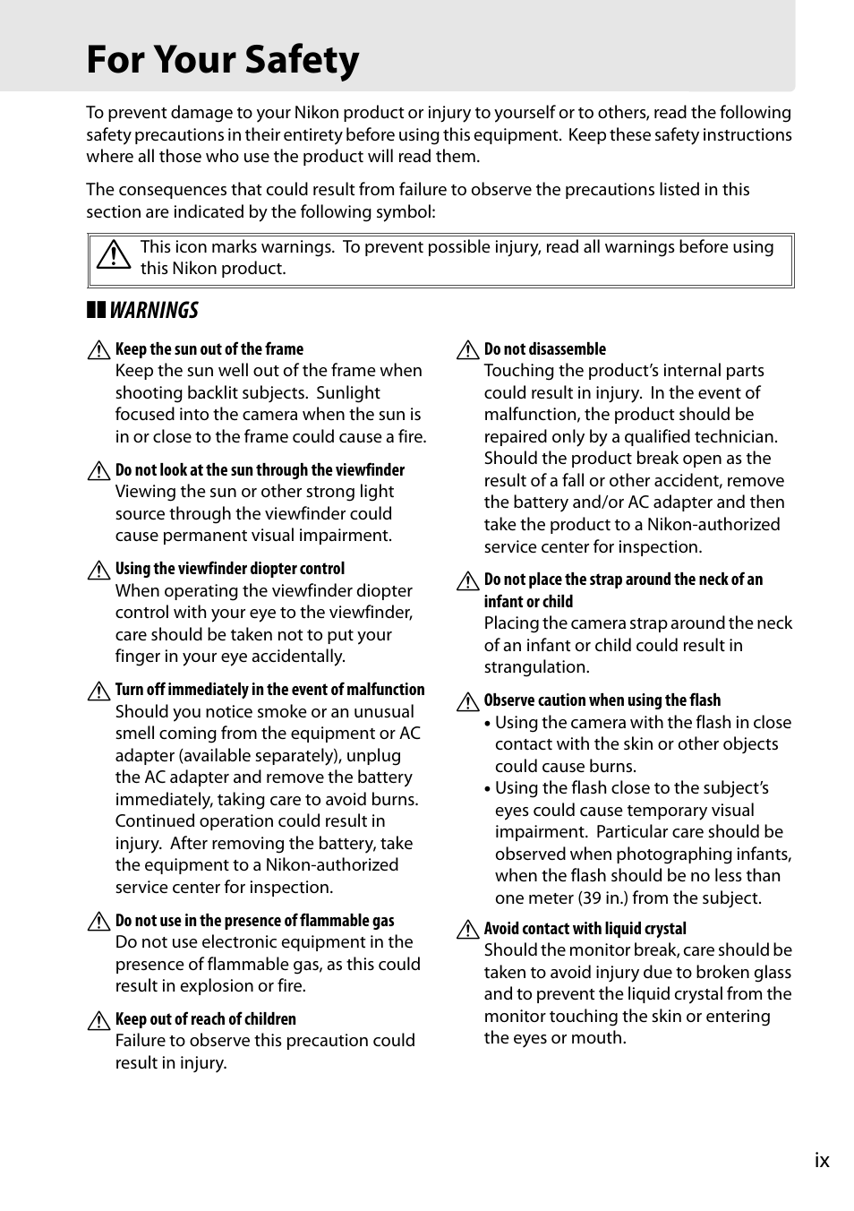 For your safety, Warnings a | Nikon D3100 User Manual | Page 11 / 224