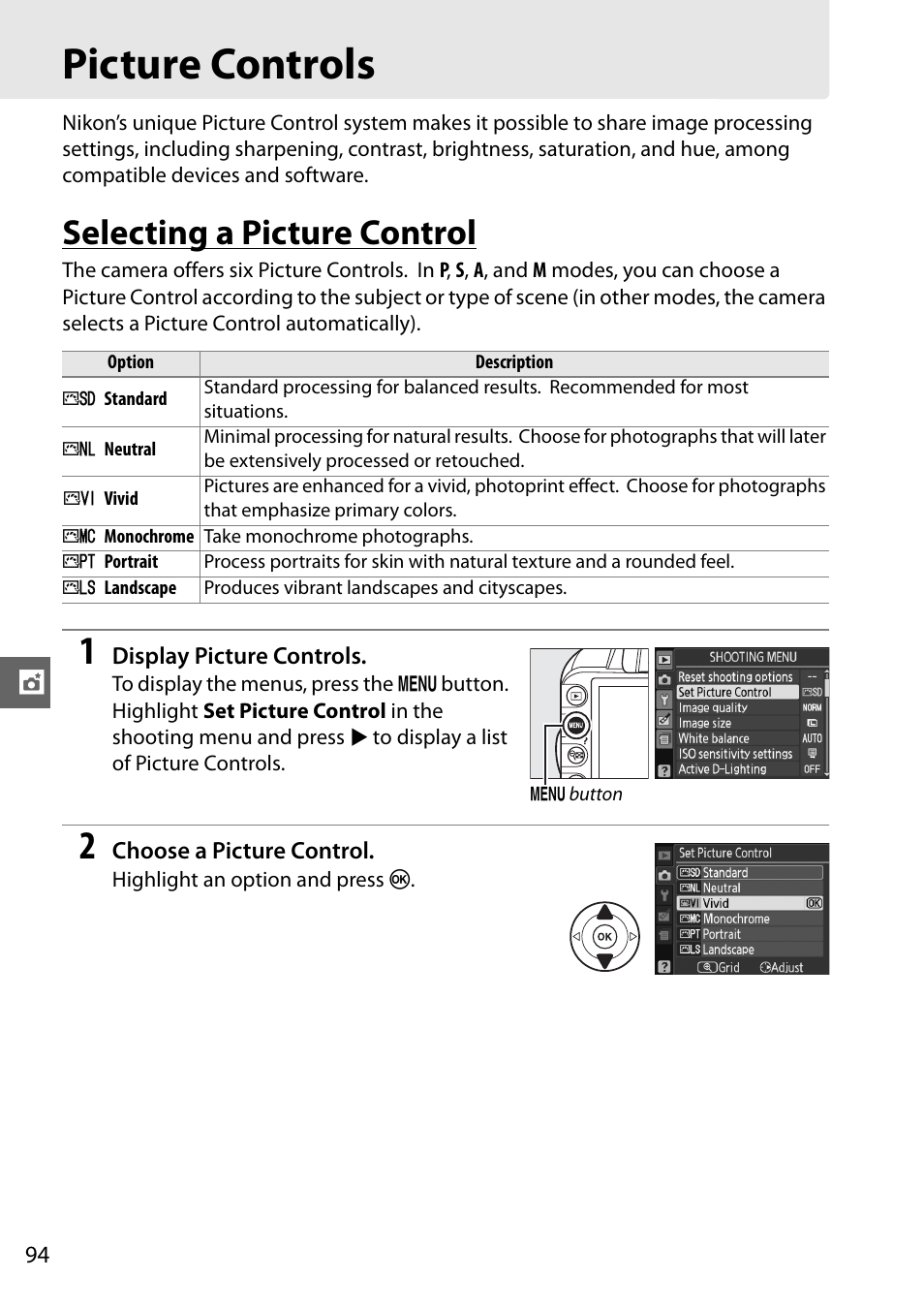 Picture controls, Selecting a picture control | Nikon D3100 User Manual | Page 110 / 224