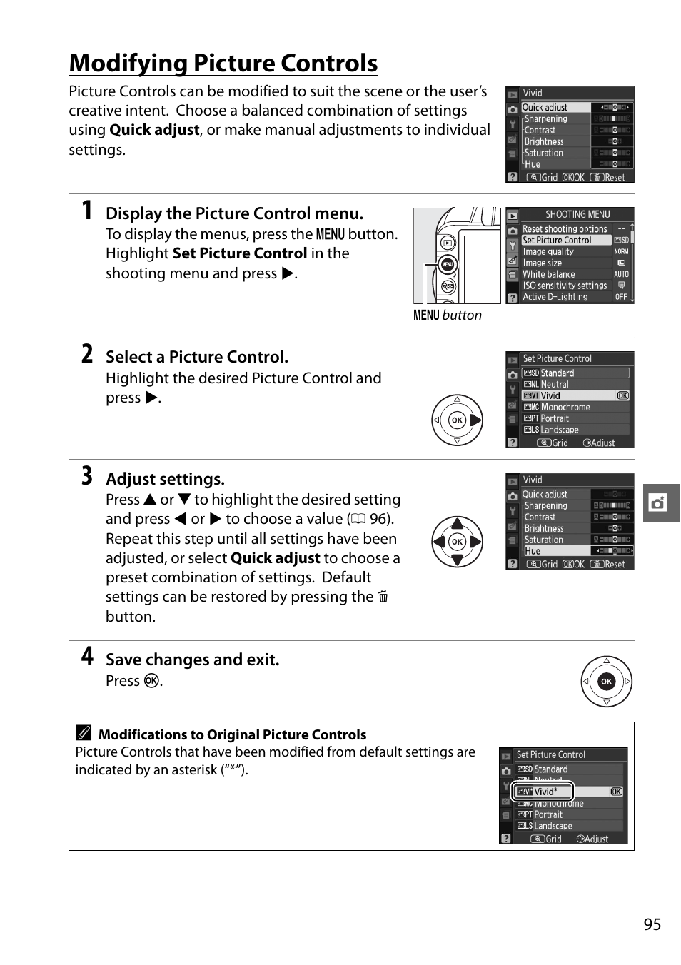 Modifying picture controls | Nikon D3100 User Manual | Page 111 / 224