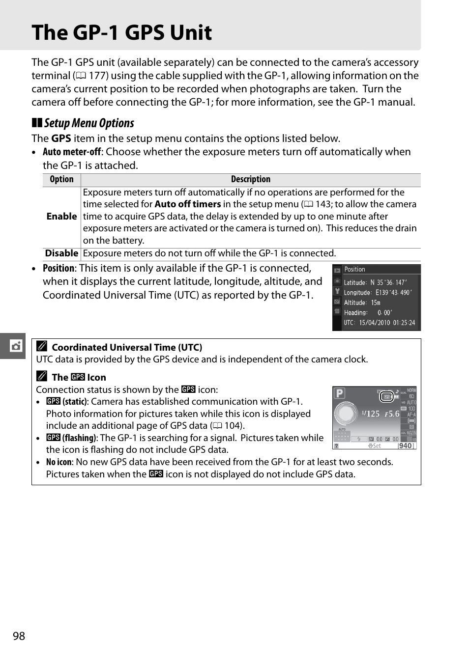 The gp-1 gps unit, Setup menu options | Nikon D3100 User Manual | Page 114 / 224