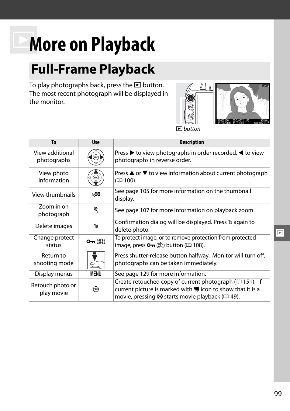 More on playback, Full-frame playback | Nikon D3100 User Manual | Page 115 / 224