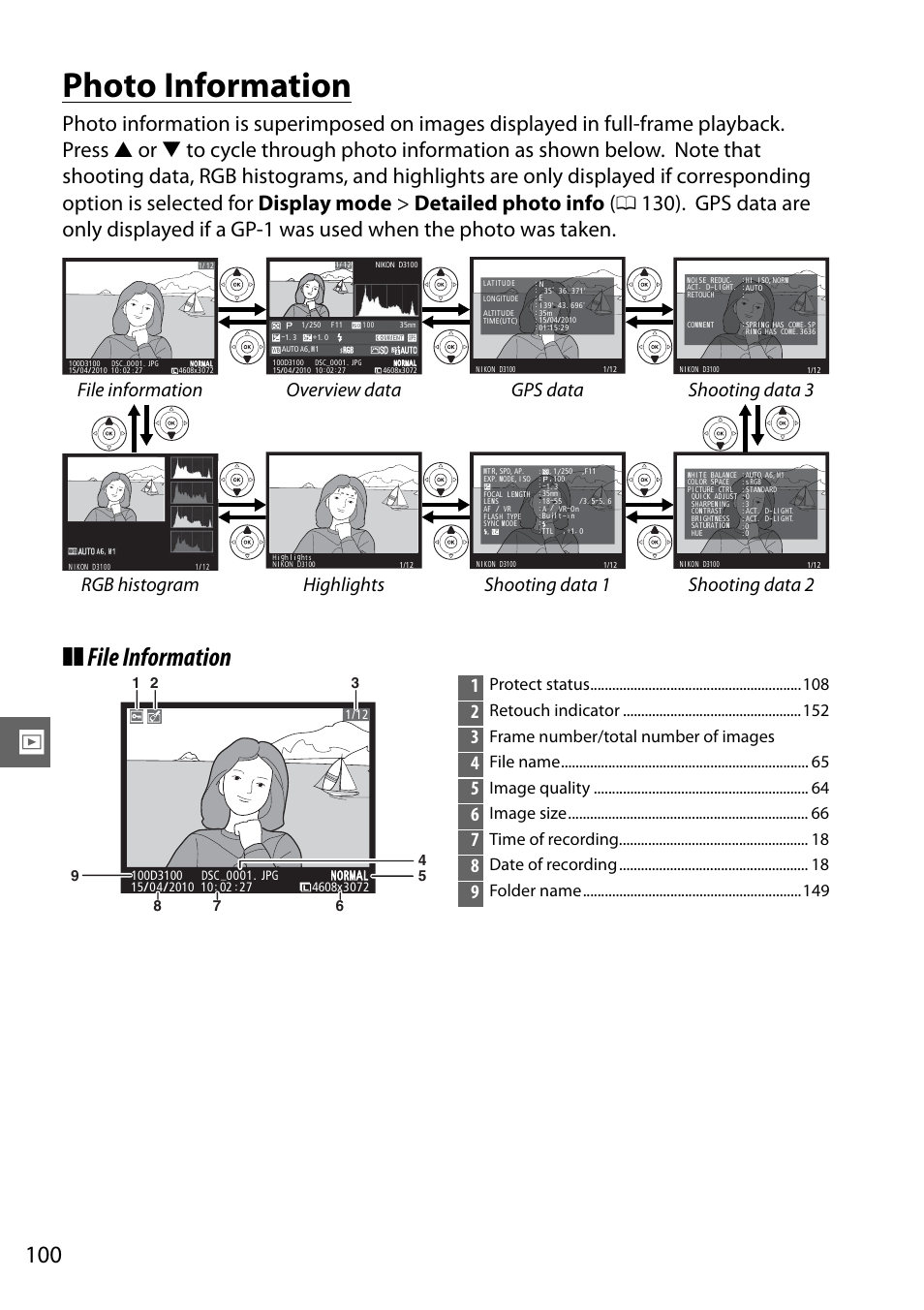 Photo information, File information, Protect status | Retouch indicator, Frame number/total number of images, File name, Image quality, Image size, Time of recording, Date of recording | Nikon D3100 User Manual | Page 116 / 224