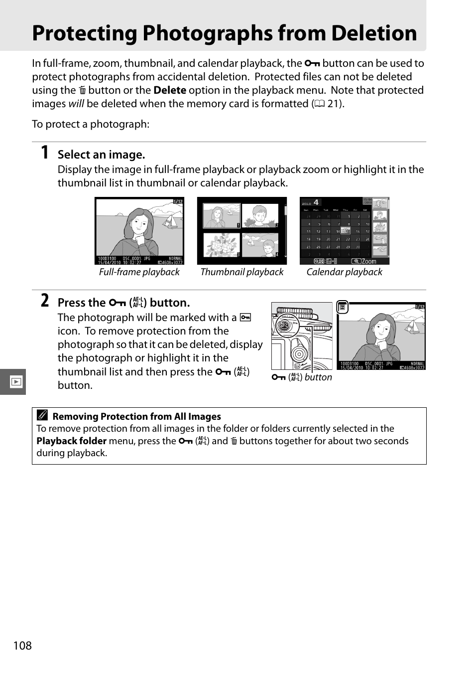 Protecting photographs from deletion | Nikon D3100 User Manual | Page 124 / 224