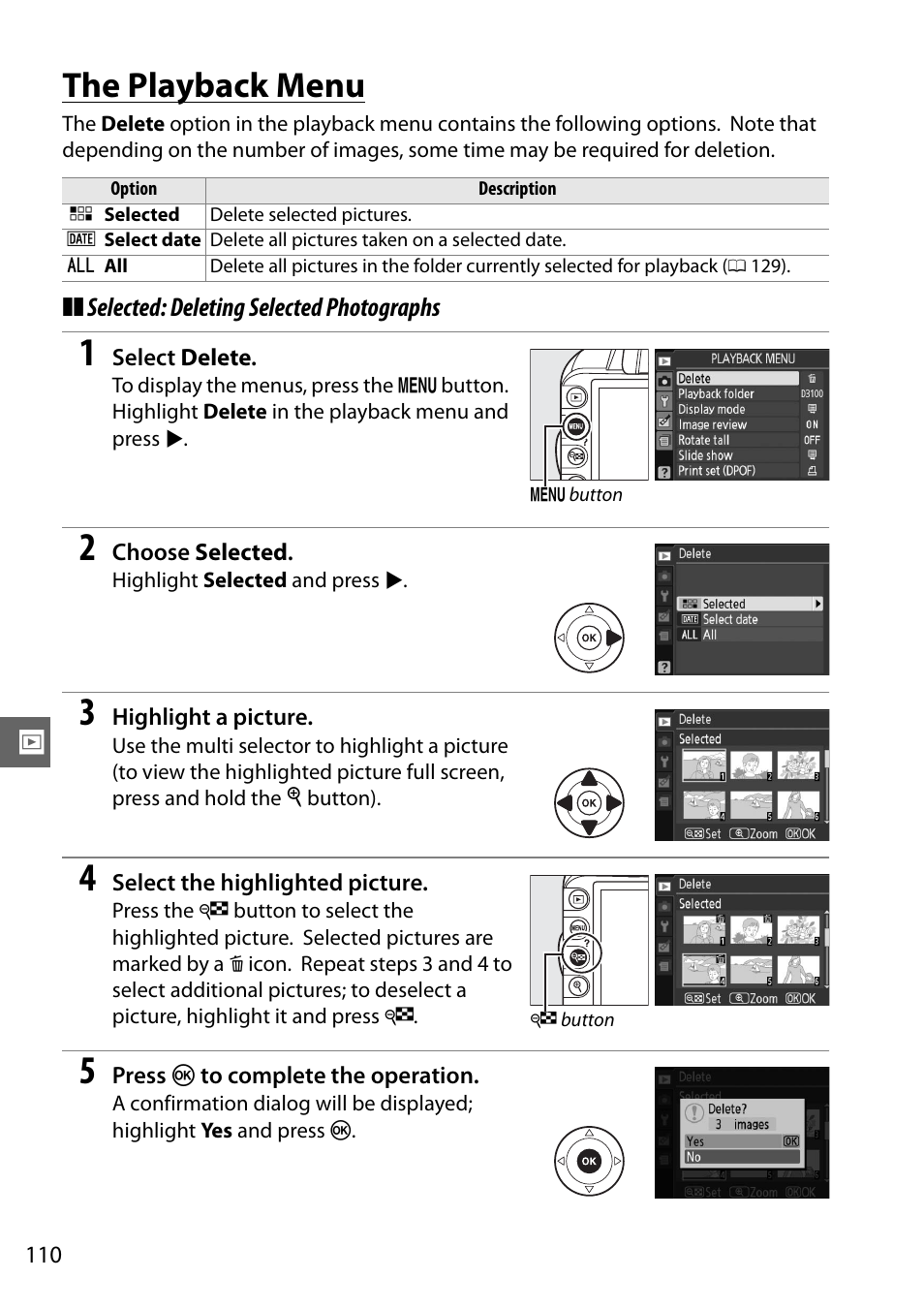 The playback menu | Nikon D3100 User Manual | Page 126 / 224