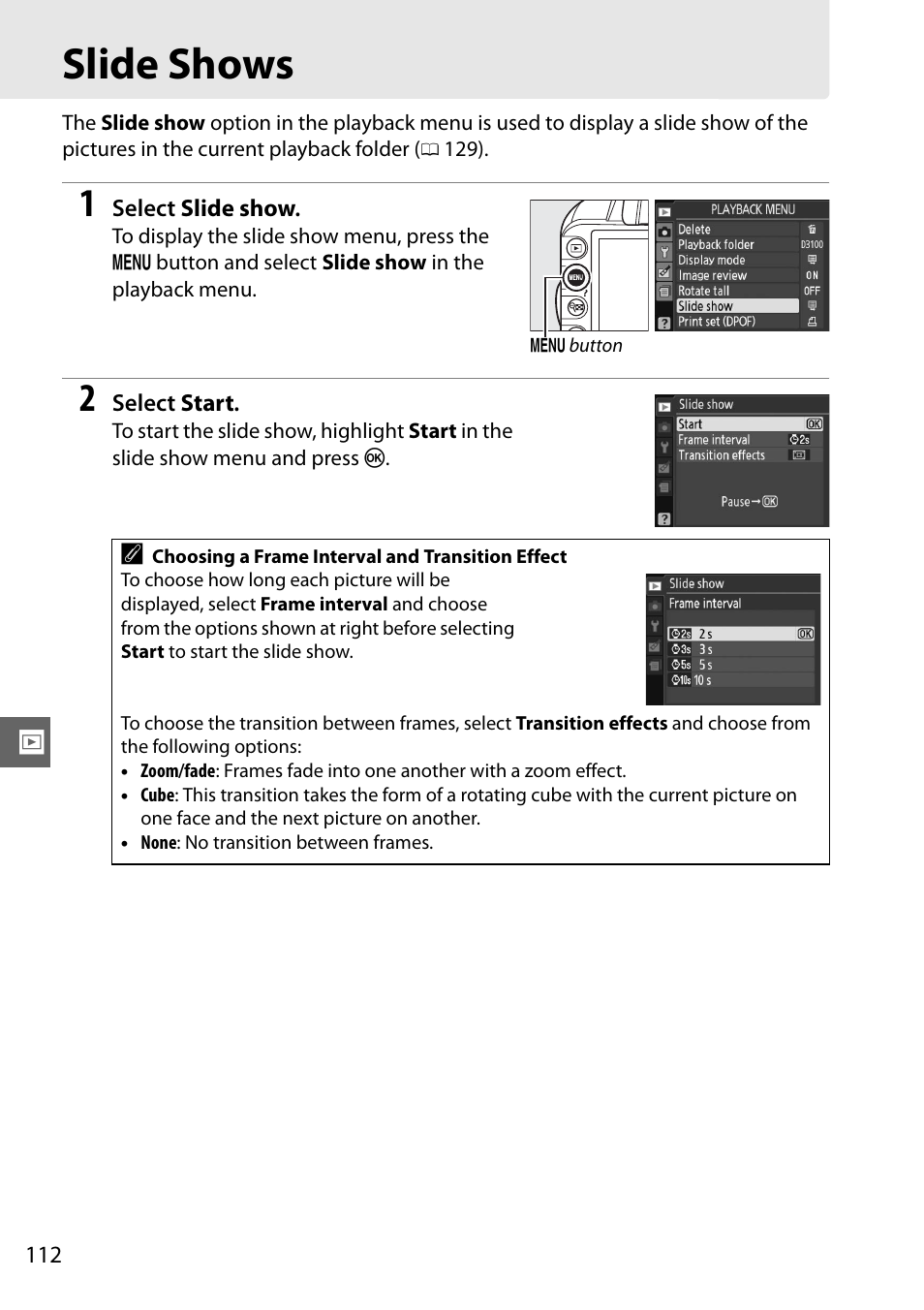 Slide shows | Nikon D3100 User Manual | Page 128 / 224