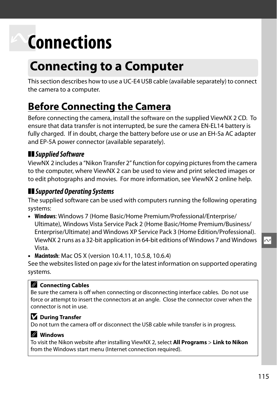 Connections, Connecting to a computer, Before connecting the camera | Nikon D3100 User Manual | Page 131 / 224